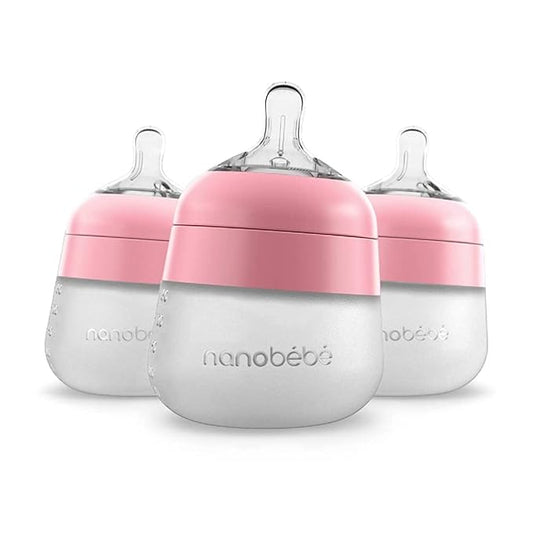 Nanobebe Flexy Silicone Baby Bottle, Anti-Colic, Natural Feel, Non-Collapsing Nipple, Non-Tip Stable Base, Easy to Clean 3-Pack, Pink, 5 oz-BubblyBeeBaby