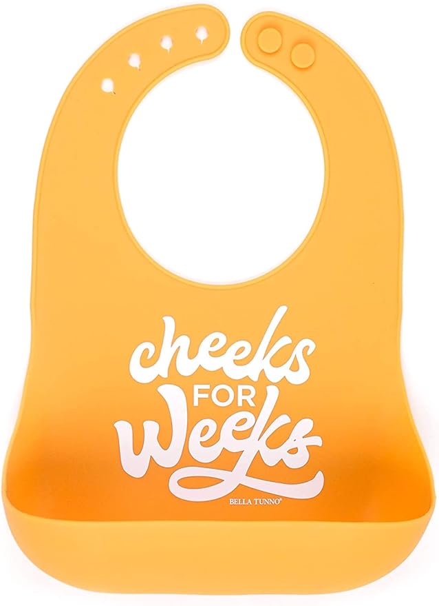 Baby Bib for Eating by Bella Tunno, Waterproof Silicone Bib with Large Food Catcher, Adjustable Fit for Babies 4-12 months & Toddlers 1-3 Years, Boys & Girls, Cheeks For Weeks-BubblyBeeBaby