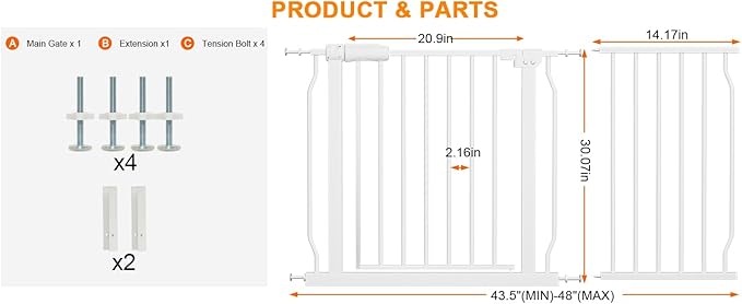 HOOEN Wide Baby Gates for Doorway Stairs Indoor Child Gate for Kid or Pet Dogs Walk Through Pressure Mounted Baby Gate 43.5-48 Inch Wide-BubblyBeeBaby