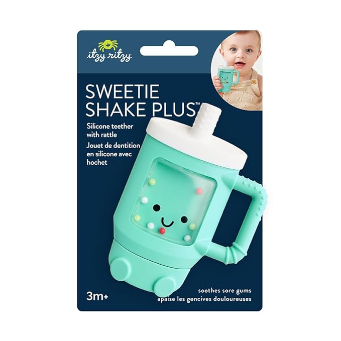 Itzy Ritzy Silicone Rattle Teether– BPA-Free Silicone Teether with Rattle for Babies & Toddlers – Features a Gentle Rattle Sound, Colorful Beads & Multiple Textures (Travel Cup)-BubblyBeeBaby