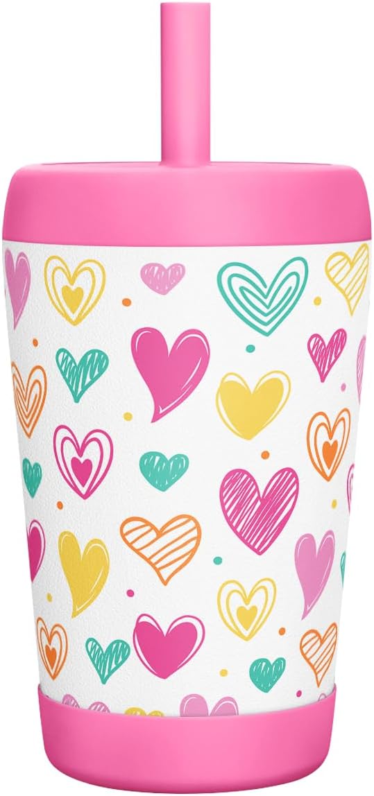 Kid Insulated Stainless Steel Tumbler with Silicone Straw, 12oz Sippy Cup for Kids (Playful Hearts)-BubblyBeeBaby