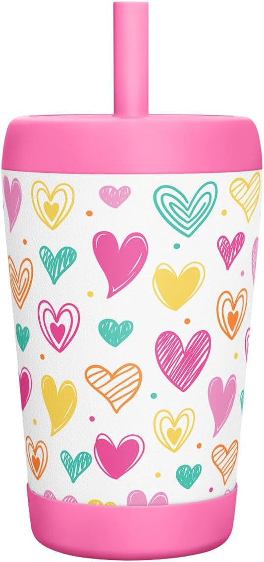 Kid Insulated Stainless Steel Tumbler with Silicone Straw, 12oz Sippy Cup for Kids (Playful Hearts)-BubblyBeeBaby