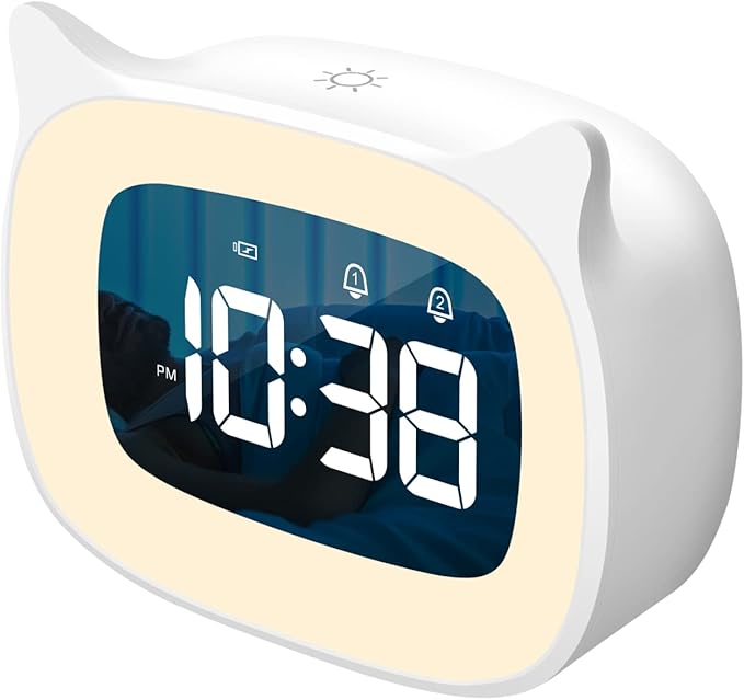 Kids Alarm Clock with Night Light & 18 Ringtones,Rechargeable,Cute Cat Ear Clock for Boys Girls Birthday Presents,Digital Clock for Children's Bedroom(White)-BubblyBeeBaby