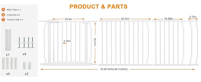 HOOEN 30" Tall Extra Wide Baby Gate for Doorways Stairs Large Long Dog Gates Pressure Mounted Indoor Safety Gates Walk Through Toddler Child Gates for Kids or Pets (White,76.38"-86.3")-BubblyBeeBaby