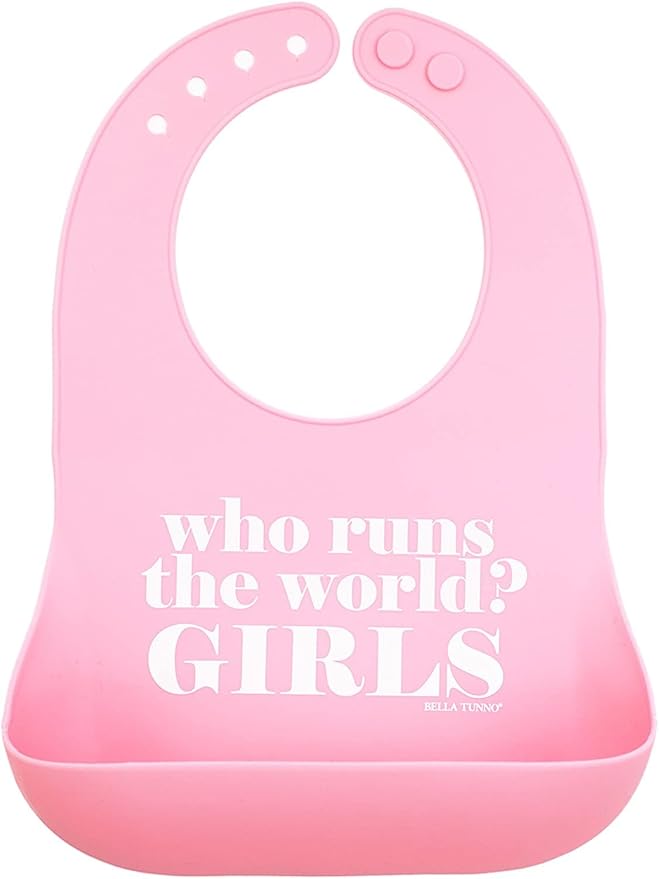 Baby Bib for Eating by Bella Tunno, Waterproof Silicone Bib with Large Food Catcher, Adjustable Fit for Babies 4-12 months & Toddlers 1-3 Years, Boys & Girls, Who Runs The World-BubblyBeeBaby