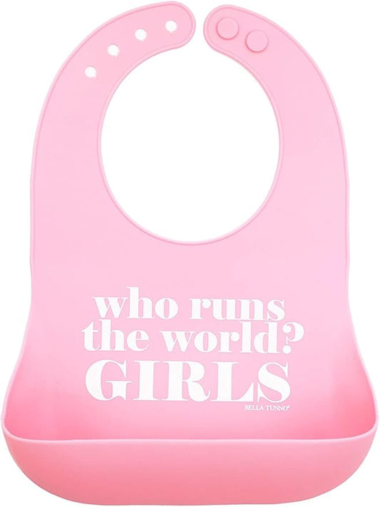 Baby Bib for Eating by Bella Tunno, Waterproof Silicone Bib with Large Food Catcher, Adjustable Fit for Babies 4-12 months & Toddlers 1-3 Years, Boys & Girls, Who Runs The World-BubblyBeeBaby