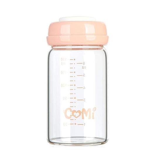 COMI Wide Neck Glass Breastmilk Collection n Storage Bottle, 6oz with Screw Ring Sealing Disk; Re-markable Sealing Disc. BPA Free, Fits Breast Pumps & Nipples (Pink Lids)-BubblyBeeBaby