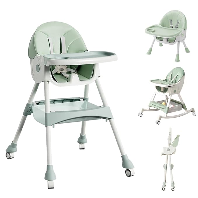 High Chairs for Babies and Toddlers, 4 in 1 Convertible Baby High Chair, Portable High Chair for Travel with Adjustable Height and Back, Foldable HighChair with Wheels& Pu Cushion (Green)-BubblyBeeBaby