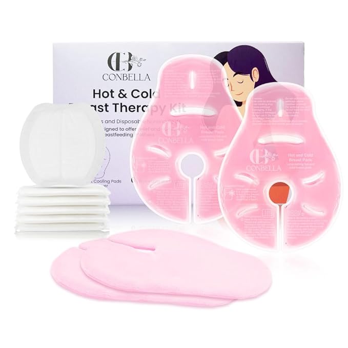 2 Larger Breast Ice Packs with Soft Covers and 6 Breast Pads for Leaking Milk, Hot and Cold Breast Therapy Packs, Breastfeeding Essentials for Relief of Clogged Ducts, Nipple Pain, Engorgement(Pink)-BubblyBeeBaby
