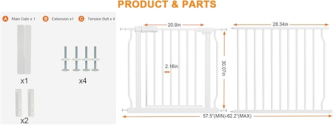 HOOEN Extra Wide Baby Gate for Stairs Doorways Hallways Tension Baby Gate Walk Through Child Gates for Kids or Pets Indoor Safety Gates 57.5-62 Inch-BubblyBeeBaby