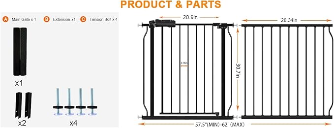 HOOEN 30" Tall Extra Wide Baby Gate for Stairs Doorways 57.5 to 62 Inch Large Long Dog Gates Tension Baby Gate Walk Through Child Gates for Kids or Pets Indoor Safety Gates-BubblyBeeBaby