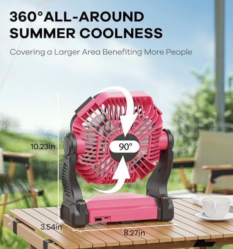 15000mAh Portable Battery Powered Camping Fan - with LED Light, Quiet Battery Operated, Camping Gear for Travel, Tent, Beach, Car or Hurricane Power Outages, Pink-BubblyBeeBaby