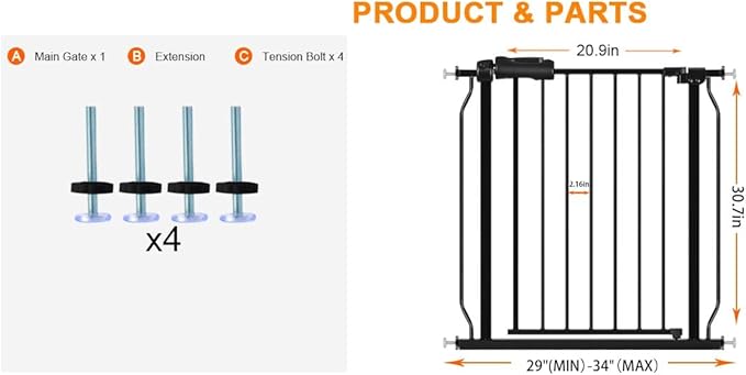 HOOEN Narrow Baby Gate for Stairs - 29 to 34 Inch Wide with Door, Metal Tension Pressure Mounted Child Safety Gate-BubblyBeeBaby