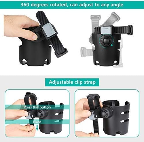 Accmor Stroller Cup Holder with Adjustable Strap, 360 Degree Rotatable Universal Cup Holder for Uppababy, Nuna, Doona Stroller, Drinks Holder for Wheelchair, Walker, Rollator-BubblyBeeBaby