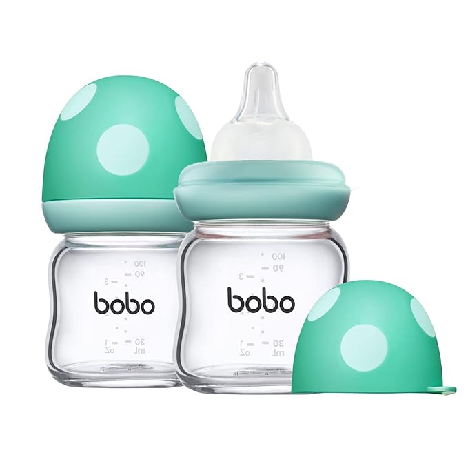 YOHKOH Natural Glass Baby Bottle with Natural Response Nipple, Newborn Anti-Colic Baby Bottles, Wide Neck Mushroom Cap Baby Bottle, Clear (3.4oz (Pack of 2), Blue)-BubblyBeeBaby