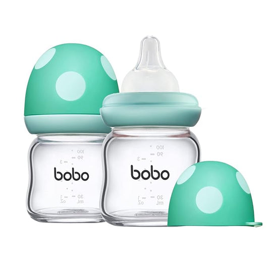 YOHKOH Natural Glass Baby Bottle with Natural Response Nipple, Newborn Anti-Colic Baby Bottles, Wide Neck Mushroom Cap Baby Bottle, Clear (3.4oz (Pack of 2), Blue)-BubblyBeeBaby