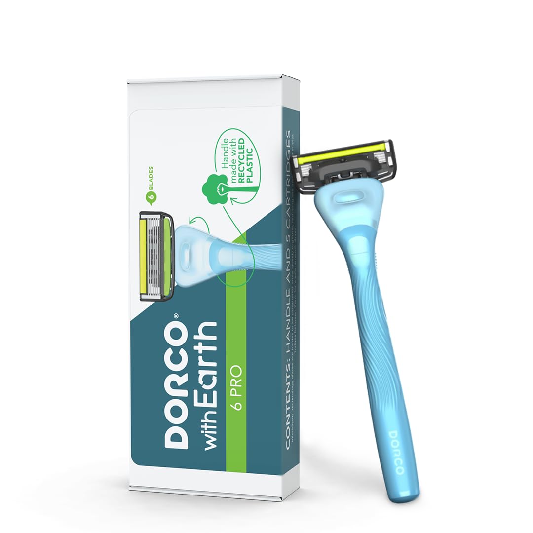 DORCO with Earth Razor with Pace 6 Pro Cartridges • Handle Made from Post Recycled Plastic • Premium Blades For Men and Women Body & Face Shaving • One Handle and 5 Cartridges