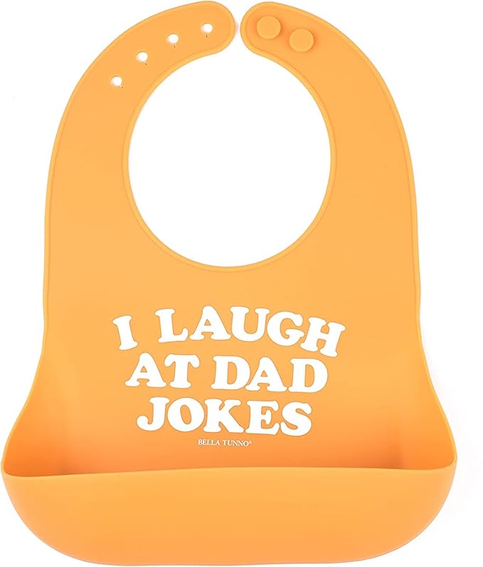 Baby Bib for Eating by Bella Tunno, Waterproof Silicone Bib with Large Food Catcher, Adjustable Fit for Babies 4-12 months & Toddlers 1-3 Years, Boys & Girls, I Laugh At Dad Jokes-BubblyBeeBaby
