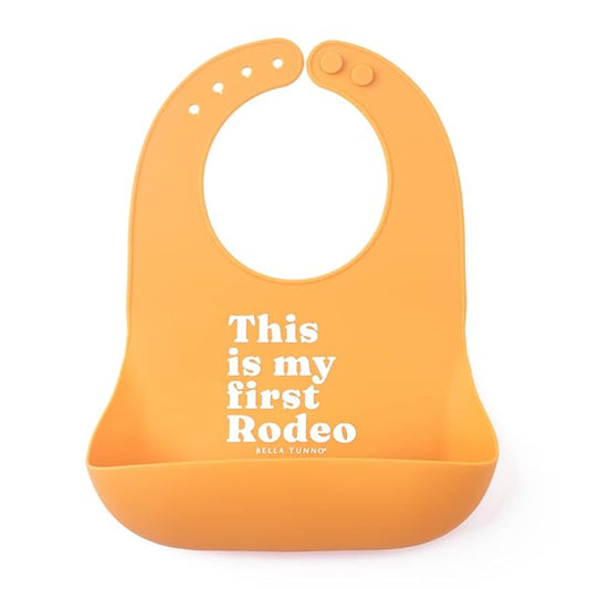 Bella Tunno Baby Bib for Eating, Waterproof Silicone Bib with Large Food Catcher, Adjustable Fit for Babies 4-12 months & Toddlers 1-3 Years, Boys & Girls, This Is My First Rodeo-BubblyBeeBaby