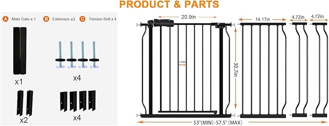 HOOEN 30" Tall Extra Wide Baby Gate for Doorways Stairs 53 to 57.5 Inch Large Long Wide Pressure Mounted Pet Dog Gate Walk Through Child Safety Gate with Extension Kit-BubblyBeeBaby