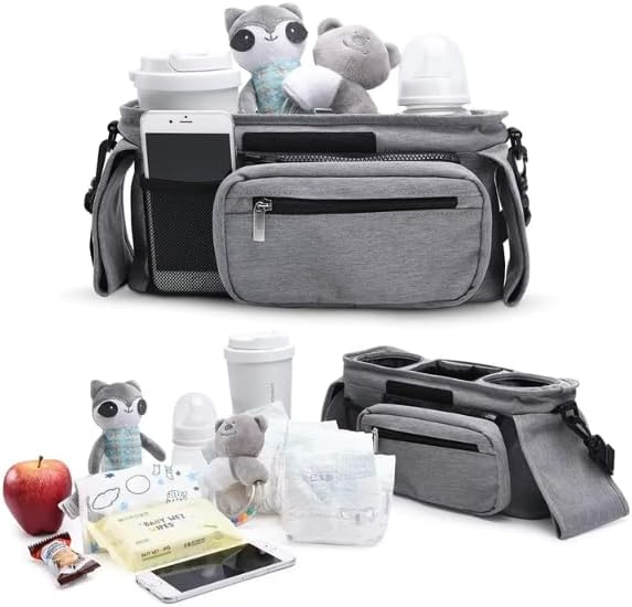 Universal Stroller Organizer with Insulated Cup Holder, Detachable Phone Bag, Shoulder Strap – Fits All Stroller Types, Keeps Drinks Hot/Cold (Grey)-BubblyBeeBaby