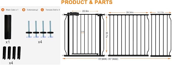 HOOEN 30" Tall Extra Wide Baby Gates 67 to 71.5 Inch Large Long Pressure Mounted Dog Gate for Doorways Stairs Child Safety Gates Tension Baby Gate Indoor Walk Through Gate for Kids or Pets-BubblyBeeBaby