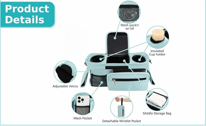 Universal Stroller Organizer with Insulated Cup Holder, Detachable Phone Bag, Shoulder Strap – Fits All Stroller Types, Keeps Drinks Hot/Cold (Blue)-BubblyBeeBaby