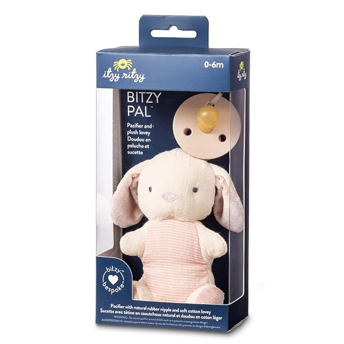 Itzy Ritzy Pacifier & Lovey Set - Natural Rubber Pacifier with Stuffed Animal Lovey - Detachable Plush Bunny Binky Holder & Coordinating Natural Rubber Binky, Ideal for Ages 0-6 Months (Bunny)-BubblyBeeBaby