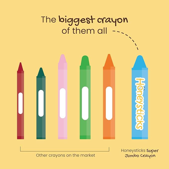 Honeysticks Super Jumbo Crayons (6 Pack) - 100% Pure Beeswax, Non Toxic Crayons for Toddlers 1-3, Extra Large Crayon Size, Easy to Hold and Use, Unbreakable Toddler Crayons, Eco-Friendly-BubblyBeeBaby