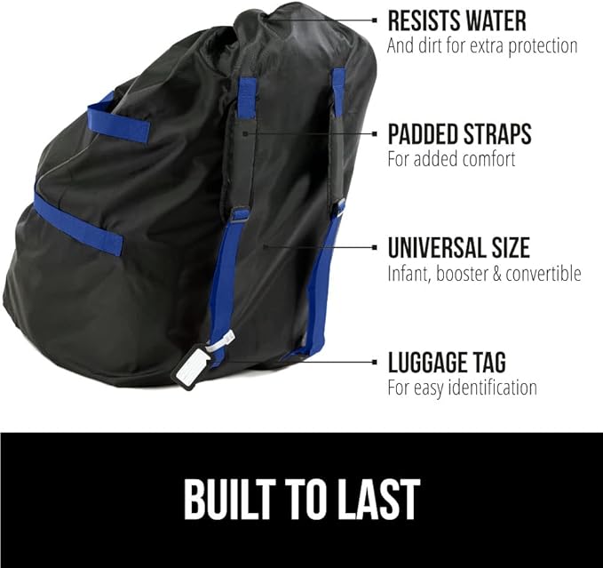 GORILLA GRIP Car Seat Travel Bag for Airplane Gate Check, Easy Carry Padded Backpack Bags Cover Carseats, Infant Baby Carriers and Toddler Booster Seats for Airport, Child Air Travels Essential, Blue-BubblyBeeBaby