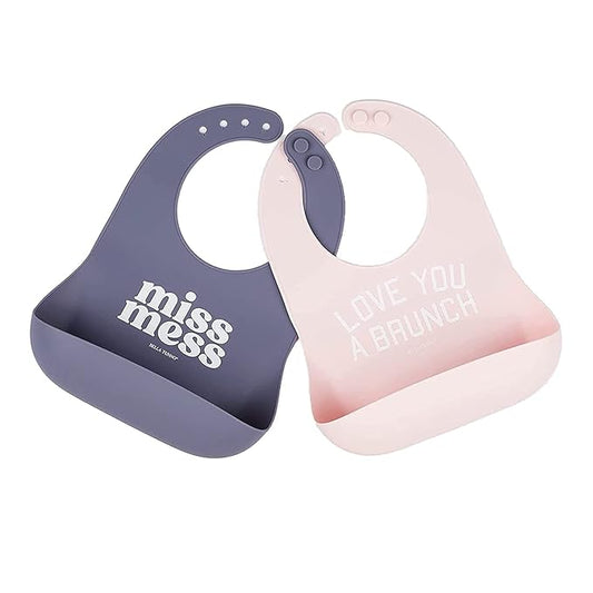 Baby Bib for Eating by Bella Tunno, Set of 2 Waterproof Silicone Bibs with Large Food Catcher, Adjustable Fit for Babies 4-12 months & Toddlers 1-3 Years, Boys & Girls, Miss Mess & Brunch-BubblyBeeBaby