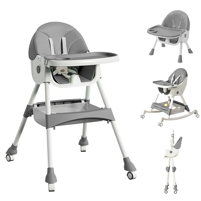 High Chairs for Babies and Toddlers, 4 in 1 Convertible Baby High Chair, Portable High Chair for Travel with Adjustable Height and Back, Foldable HighChair with Wheels& Pu Cushion (Grey)-BubblyBeeBaby