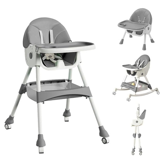 High Chairs for Babies and Toddlers, 4 in 1 Convertible Baby High Chair, Portable High Chair for Travel with Adjustable Height and Back, Foldable HighChair with Wheels& Pu Cushion (Grey)-BubblyBeeBaby
