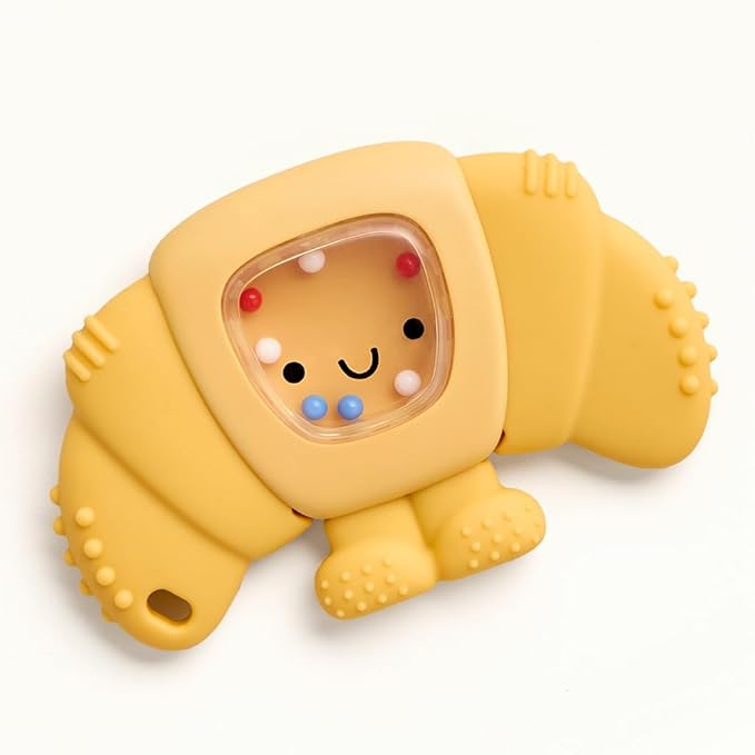 Itzy Ritzy Silicone Rattle Teether– BPA-Free Silicone Teether with Rattle for Babies & Toddlers – Features a Gentle Rattle Sound, Colorful Beads & Multiple Textures (Croissant)-BubblyBeeBaby