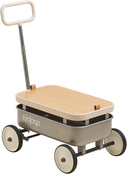 kidpop PULA-Wild 3-in-1 Kids' Pull-Along Wagon Toddlers Push Walker for 2.5-8, Removable Wooden Cover and Adjustable Handlebar, Birthday Gifts Max Weight 33 lbs (Grey)-BubblyBeeBaby