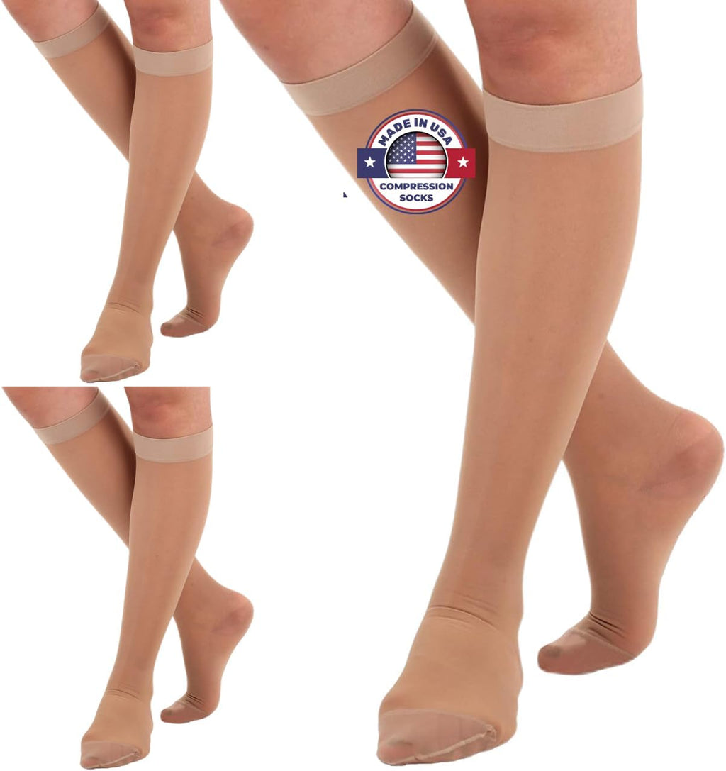 (3 Pairs - Closed Toe) Made in USA - Sheer Compression Socks for Women 15-20mmHg - Compression Stockings for Varicose Veins Circulation, Thrombosis, Embolism - Natural, Medium - A101NA2-3