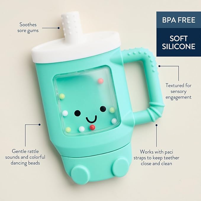 Itzy Ritzy Silicone Rattle Teether– BPA-Free Silicone Teether with Rattle for Babies & Toddlers – Features a Gentle Rattle Sound, Colorful Beads & Multiple Textures (Travel Cup)-BubblyBeeBaby