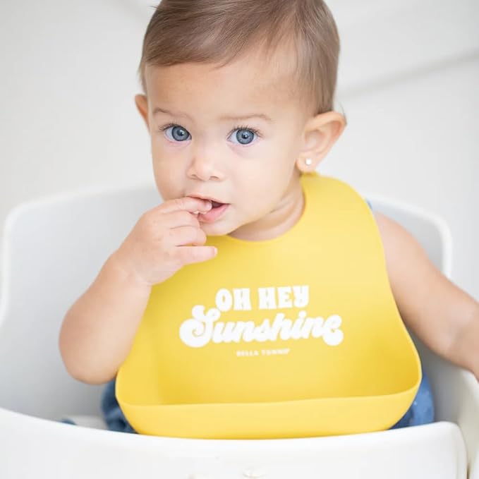 Baby Bib for Eating by Bella Tunno, Waterproof Silicone Bib with Large Food Catcher, Adjustable Fit for Babies 4-12 months & Toddlers 1-3 Years, Boys & Girls, Oh Hey Sunshine-BubblyBeeBaby