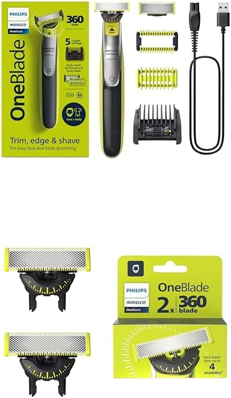 Bundle of Philips Norelco OneBlade 360 Face & Body Hybrid Electric Trimmer and Shaver, QP2834/70 + Philips Norelco Genuine OneBlade 360 Blade Replacement Blades, 2 Count, QP420/80