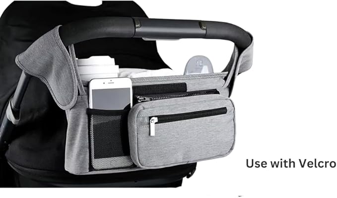 Universal Stroller Organizer with Insulated Cup Holder, Detachable Phone Bag, Shoulder Strap – Fits All Stroller Types, Keeps Drinks Hot/Cold (Grey)-BubblyBeeBaby