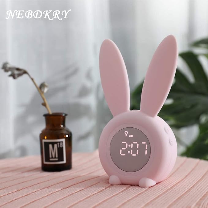 KDtech Kids Alarm Clock with Night Light 6 Ringtones, Cute Pink Bunny Digital Alarm Clock for Kids, Touch Control and Rechargeable Sleep Trainer Clock for Boys Girls Bedroom-BubblyBeeBaby