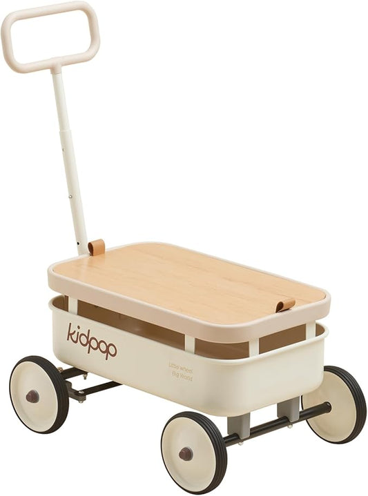 kidpop PULA-Wild 3-in-1 Kids' Pull-Along Wagon Toddlers Push Walker for 2.5-8, Removable Wooden Cover and Adjustable Handlebar, Birthday Gifts Max Weight 33 lbs (White)-BubblyBeeBaby