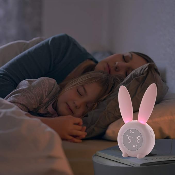 KDtech Kids Alarm Clock with Night Light 6 Ringtones, Cute Pink Bunny Digital Alarm Clock for Kids, Touch Control and Rechargeable Sleep Trainer Clock for Boys Girls Bedroom-BubblyBeeBaby