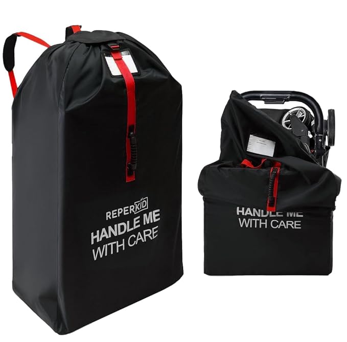 reperkid Large Stroller Bag for Airplane Travel, Black & Red, 47" H x 24" W x 15" D, Fits Most Large, Single, Double, Jogging Strollers – Premium Waterproof Cover, Adjustable Shoulder Straps-BubblyBeeBaby