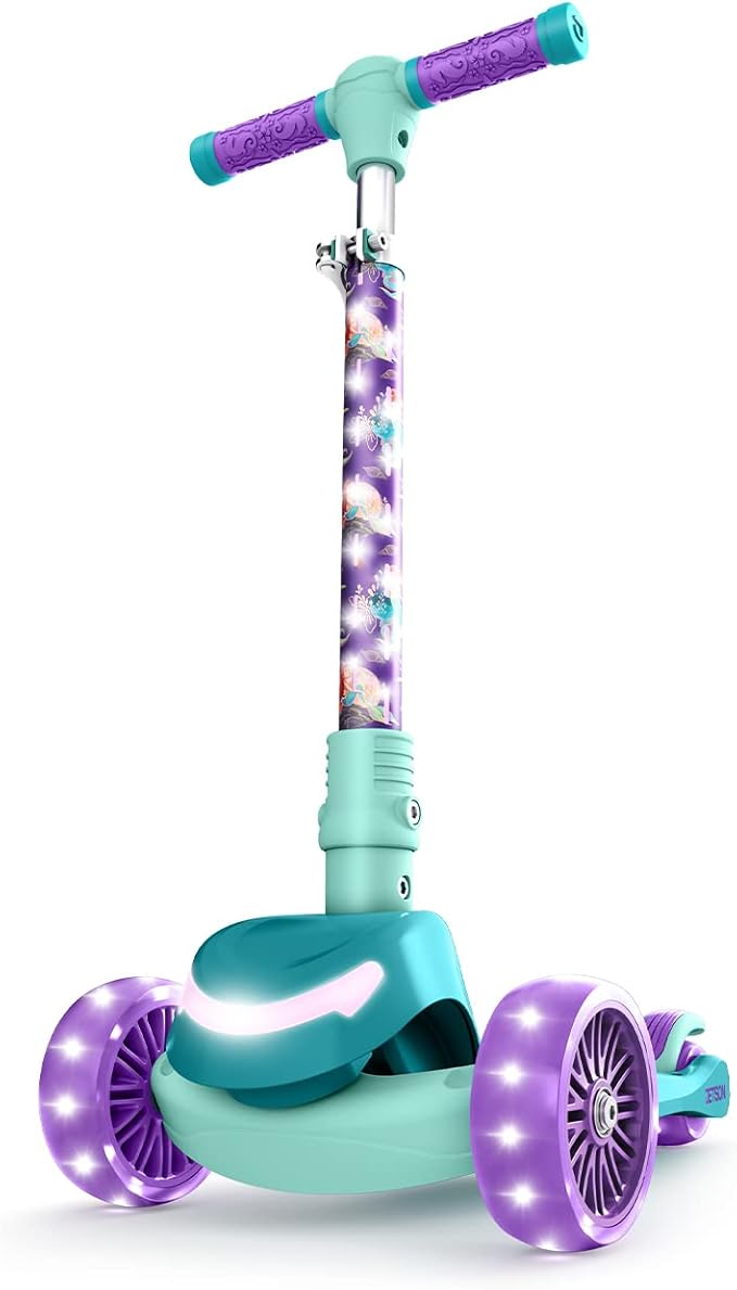 Jetson Character Kids Kick Scooter, LED Lights on Stem & Light-Up Wheels, Lightweight Frame, Height-Adjustable Handlebar, Lean-to-Steer System, Easy-Fold Mechanism-BubblyBeeBaby