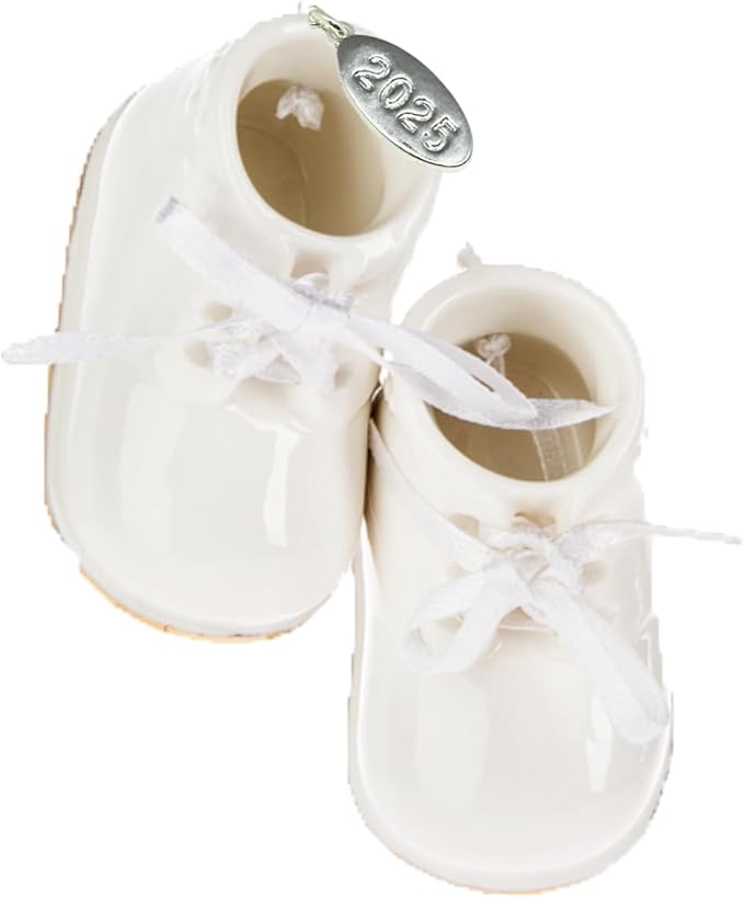 Ivory Baby Shoe Ornament Babys First Christmas Boy or Girl Ornament Cream Porcelain Baby Booties, Can Be Personalized, with Gift Box (2025)-BubblyBeeBaby