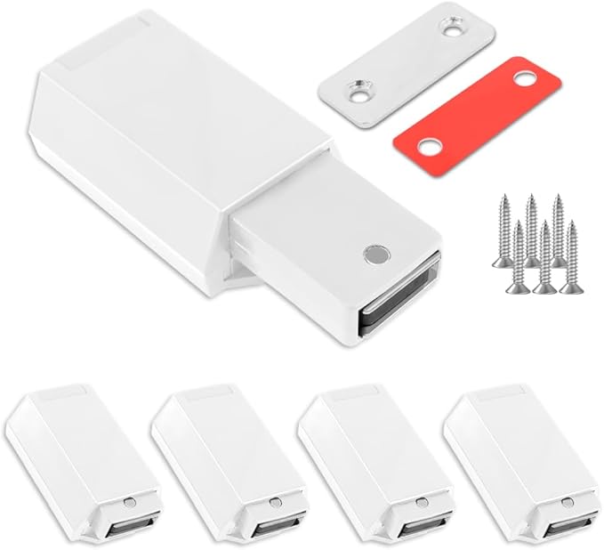 Heavy Duty Push to Open Door Latch, 5 Pack White Magnetic Push Latches, Hidden Push Touch Latch Hardware for Push to Open Cabinet, Magnetic Door Catch for Cabinet Drawer Wardrobe Kitchen Door-BubblyBeeBaby