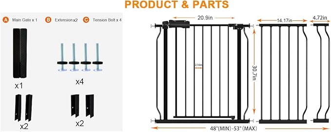 HOOEN 30" Tall Extra Wide Baby Gates for Doorways Stairs 48 to 53 Inch Long Large Pressure Mounted Dog Gates for The House Walk Through Gates Indoor Safety Child Gates for Kids or Pets-BubblyBeeBaby