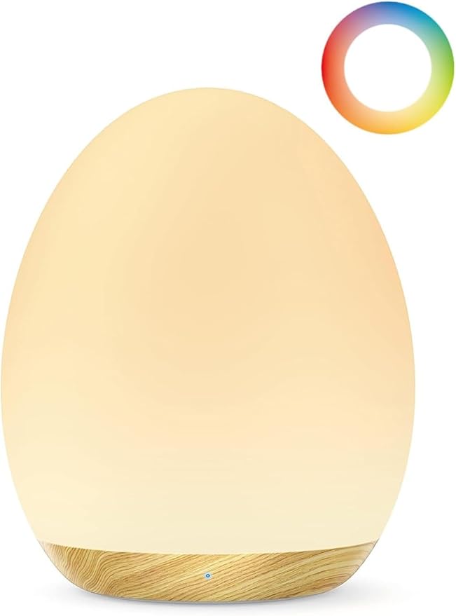 JolyWell Night Light for Kids, Baby Egg Light with 7 Colors Changing Mode & Stepless Dimming, Nursery Night Lamp BPA Free,Rechargeable Egg Night Light for Breastfeeding 1h Timer & Touch Control, Wood-BubblyBeeBaby