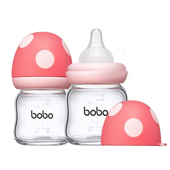 YOHKOH Natural Glass Baby Bottle with Natural Response Nipple, Newborn Anti-Colic Baby Bottles, Wide Neck Mushroom Cap Baby Bottle, Clear (3.4oz (Pack of 2), Red)-BubblyBeeBaby
